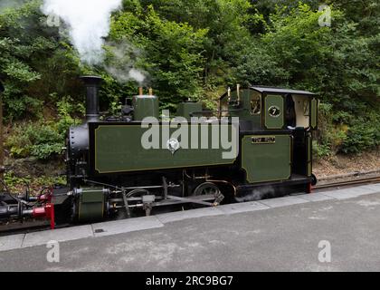 Tallyllyn Railway narrow gauge steam locomotive Tom Rolt standing at Abergwynolwyn Station Stock Photo