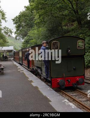 Tallyllyn Railway narrow gauge steam locomotive Tom Rolt heads a train at Abergwynolwyn Station Stock Photo