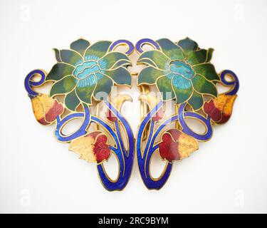 Antique1900s Art Nouveau champleve enamel flower gilt metal  display picture 2