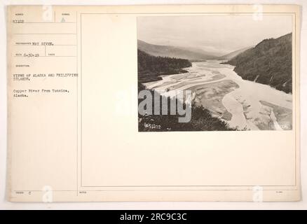 Photograph captures a view of Copper River from Tonsina, Alaska during World War One. The image is part of a series depicting American military activities in Alaska and the Philippine Islands. The photographer is unknown, and the photograph was taken on June 30, 1919. The reference number is 57102. Stock Photo