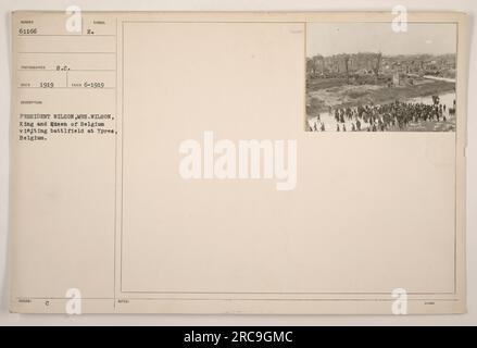 President Wilson, alongside his wife and the King and Queen of Belgium, visit the battlefield of Ypres, Belgium. The photograph was taken in 1919, and it was captured by photographer S.C. Reco. The image is marked with the symbol C E, and it holds the number 61166 in the collection of Photographs of American Military Activities during World War One. This image is part of a set dated June 1919, with additional notes indicating that there are 2-1000 images in this collection. Stock Photo