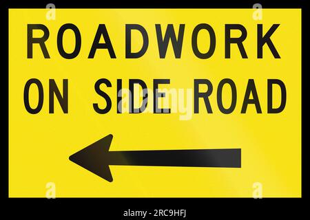 An Australian temporary road sign used in Queensland - Road work on side road, left Stock Photo