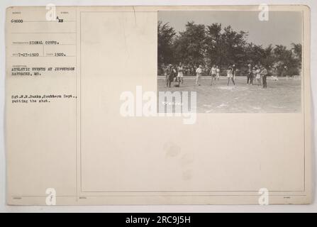 Sgt. W. N. Banks of the Southern Department participating in an athletic event at Jefferson Barracks, MO. He is shown putting the shot, a track and field throwing event. This photograph was taken by the Signal Corps in 1920. The assigned number for this image is 69000. Stock Photo