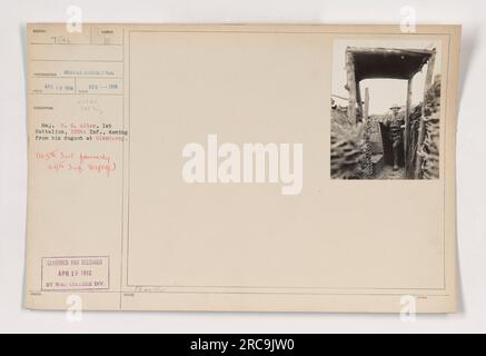 Major RCA Allen, from the First Battalion, One hundred and sixty-fifth Infantry, is seen emerging from his dugout at Blemerey, France. This photograph was taken by Sood Photographer on February 1918. The 165th Infantry was previously known as the 69th Infantry NYNG. It was censored and released by Wall College Division on April 18, 1913. Stock Photo