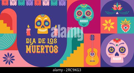 Dia de los muertos, Day of the dead, Mexican holiday, festival. Vector poster, banner and card in modern geometrical style, with skulls, church Stock Vector