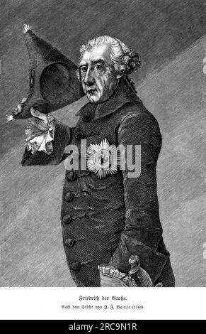 Portrait of Frederick the Great, King of Prussia from 1740 until 1786. Under his reign Prussia greatly increased its territories and became a major military power in Europe. Stock Photo