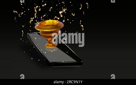 Winner cup on smartphone screen. Promotion discount present point, customer promo surprise. 3D Web Vector Illustrations. Stock Vector