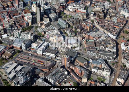 aerial view of Sheffield city centre looking across Arundel Gate up Norfolk Street with the Crucible Theatre prominent, S Yorkshire Stock Photo