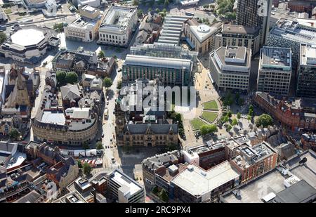 aerial view looking up Surrey Street of Sheffield Town Hall, The Peace Gardens & Winter Garden (glass building in background), Sheffield, S Yorkshire Stock Photo