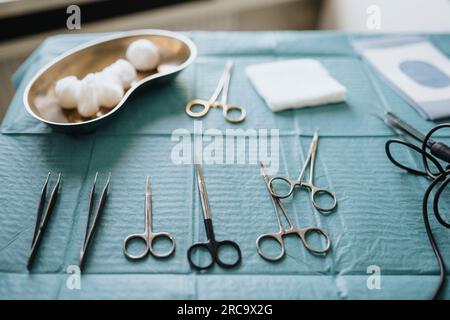 High angle view of various medical equipment in clinic Stock Photo