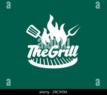 The Grill logo design. BBQ and grill tools Spatula and fork. Barbecue Grill Label vector design and illustration. Stock Vector