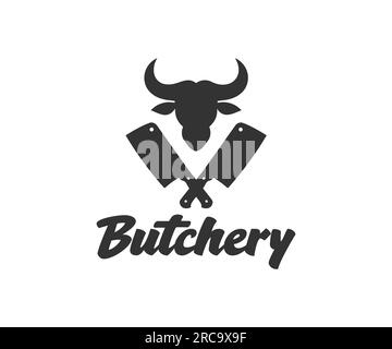 Vintage Retro Butchery shop label logo design. Sharp butcher knives crossed with bull head silhouette symbol for meat industry vector design. Stock Vector