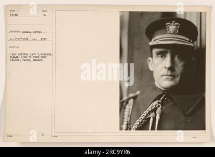 Rear Admiral Cary T. Grayson, U.S.N., aide to President Wilson, poses for a photograph in Paris, France. The photo was taken by the Signal Corps in 1919 and has the HUMBER 63152 symbol. It was received on February 19, 1921. Caption issued under the heading C NOTES 98152. Stock Photo