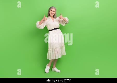 Full length photo of beautiful grandma showing double thumb up shopping banner wear trendy white outfit isolated on green color background Stock Photo