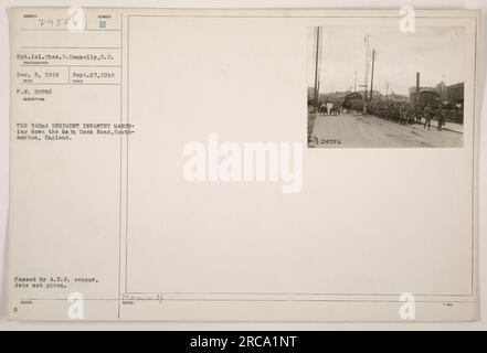 Sergeant 1st Class Chas. D. Donnelly of the Signal Corps took this photograph on September 27, 1918, during World War One. The image depicts the 342nd Regiment Infantry marching down the main Dock Road in Southampton, England. It passed the A.E.F. (American Expeditionary Forces) censor but does not provide a specific date. Stock Photo