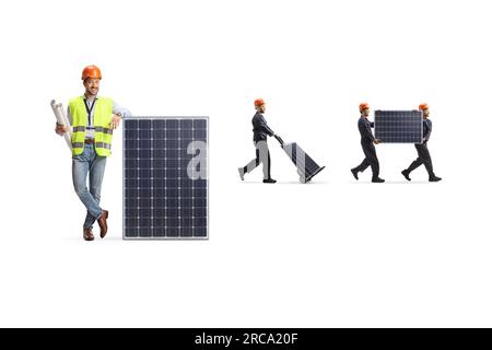 Male engineer holding blueprints and leaning on a solar panel isolated on white background Stock Photo