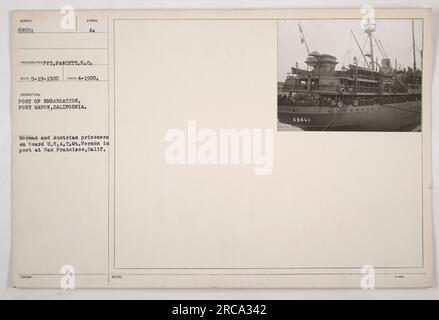 German and Austrian prisoners on board the U.S.A.T Mt. Vernon in the port of San Francisco, California. This photograph, labeled with number 68601, was taken in April 1920 by PVT. Fancett.S.C₂. The prisoners were part of the Port of Embarkation at Fort Mason. Stock Photo