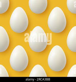 Vector Seamless Pattern with 3d Realistic White Chicken Eggs Closeup Isolated on Yellow Background. Vector Whole Chicken Eggs. Egg in Front, Top View Stock Vector