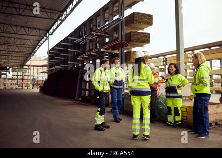 Female engineer discussing with multiracial colleagues while standing at lumber industry Stock Photo