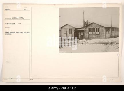 Soldiers gathered at the Beau Desert Hospital Center in France during World War I. This particular photo was taken by the Signal Corps in 1921 and has the serial number 64065. The rest of the description mentions a symbol '18BUED' and a note indicating the location as Beau Desert Hospital Center in France. Stock Photo