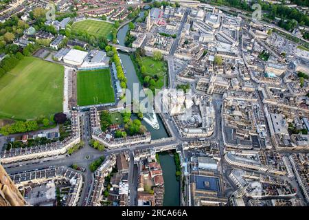 Aerial photograph of Bath Rugby ground and Pulteney Bridge and weir Stock Photo