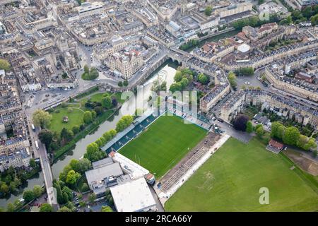 Aerial photograph of Bath Rugby ground and Pulteney Bridge and weir Stock Photo