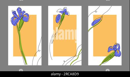 Social media floral templates with iris flower. Minimalist vector background for posts or stories. One continuous line art drawing of iris flower Stock Vector