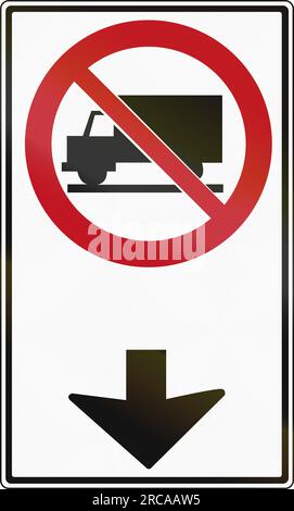 Regulatory sign in Canada - Trucks forbidden ahead. This sign is used in Ontario. Stock Photo