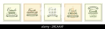 Set of cannabis store and products vintage logo template with hand drawn elements. Vector illustration in sketch style. Design for branding and produc Stock Vector