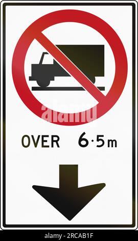 Regulatory sign in Canada - Trucks over 6.5 meters forbidden ahead. This sign is used in Ontario. Stock Photo