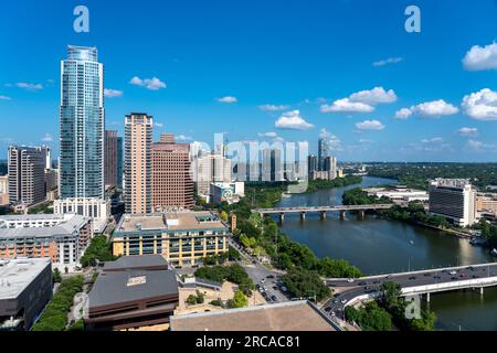 High level view of downtown Austin Texas looking east with Ladybird Lake (Colorado River) and First Avenue and Congress Street Bridge Stock Photo