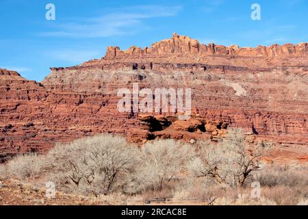 Picnic table and red rocks. Stock Photo