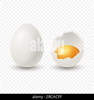 Vector 3d Realistic White Chicken Eggs. Broken Chicken Egg, Cracked Two Parts, Opened Crack Raw Chicken Egg With Yolk Closeup Isolated. Vector Eggs Stock Vector
