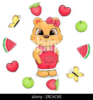 Cute cartoon teddy bear in a pink jumpsuit and hair bow in a fruit frame. Summer animal vector illustration on white background. Stock Vector