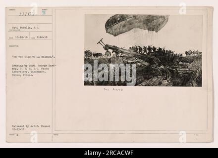 Soldiers on the road to La Charmel in France during World War One. The image depicts a group of soldiers marching along a road. This photograph was taken on December 18, 1918, by Sergeant Warolin and was released by the A.E.F. Censor on December 23, 1918. Stock Photo