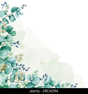 Card with a watercolor composition of eucalyptus branches. Botanical illustration for the design of invitations, cards, congratulations, logos, labels Stock Photo