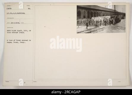 Members of the West Point Class of 1921 visit Terni Arsenal in Italy during a tour of the country. The soldiers are seen starting their tour, led by Lieutenant Colonel G.R. Harrison. The photograph was taken by SUNSE 64870 LT. COL. G. R. HARRISON and received on December 1, 1919. Stock Photo