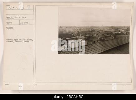 Camp Ancona, located in Bassens, Gironde, France. This photograph, taken by Sgt. F.T. Morris on April 8, 1919, provides a general view of the camp. The photo bears the reference number 53013, and it was issued on January 29, 1919. DMC notes accompanying the photograph state that it captures the overall layout of the camp. Stock Photo