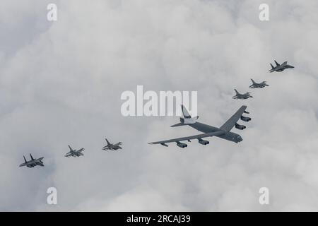 July 14, 2023, SEOUL, SOUTH KOREA: July 13, 2023-Seoul, South Korea-South Korean and U.S. air forces stage air drills, involving two B-52H strategic bombers and F-35A fighters from the U.S., and F-16 fighters from South Korea, over the Korean Peninsula on April 14, 2023, in this file photo released by Seoul's defense ministry. South Korea and the United States conducted combined air drills, involving at least one U.S. B-52H strategic bomber, over the Korean Peninsula on Thursday, Seoul's Joint Chiefs of Staff (JCS) said, a day after North Korea fired an intercontinental ballistic missile (Cred Stock Photo