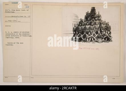 Cadets of the 7th Aero Squadron, part of the U.S.A School of Military Aeronautics at the Massachusetts Institute of Technology in Cambridge, Massachusetts. This photo was taken on July 5, 1918. It was received from the Massachusetts Institute of Technology and taken by the Boston Photographic News Co. This image is designated as subject number 55430 and is solely for official use. Stock Photo