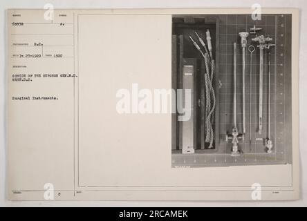 An image displaying various surgical instruments used during World War One. The photograph was taken in 1920 and is part of the collection from the Office of the Surgeon General in Washington D.C. The item number for this specific photo is SUNDER 68838 and it was taken by the photographer S.C. The description on the photo mentions the instruments and their significance. Stock Photo