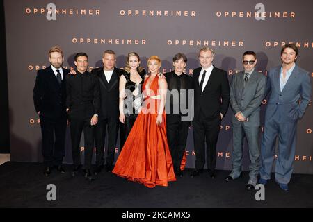 Left to right) Kenneth Branagh, Rami Malek, Matt Damon, Emily Blunt, Florence Pugh, Cillian Murphy, Christopher Nolan, Robert Downey Jr. and Josh Hartnett attend the UK premiere of Oppenheimer, at the Odeon Luxe, Leicester Square in London. Picture date: Thursday July 13, 2023. Stock Photo