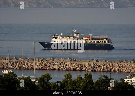 Marseille, France. 12th July, 2023. The passenger ship Artemis arrives at the French Mediterranean port of Marseille. (Credit Image: © Gerard Bottino/SOPA Images via ZUMA Press Wire) EDITORIAL USAGE ONLY! Not for Commercial USAGE! Stock Photo