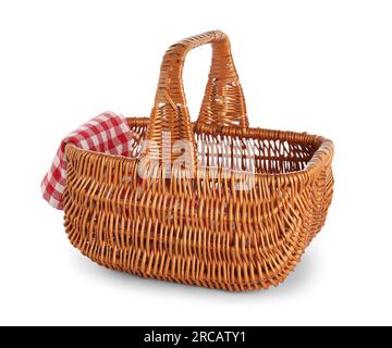 Wicker picnic basket with clean napkin isolated on white background ...