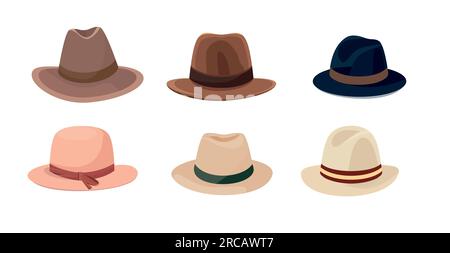 Flat vector set of men's and women's hats. Stylish men's and women's hats Stock Vector