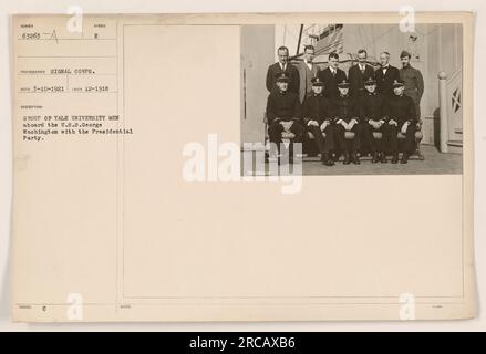 Yale University men accompany the Presidential Party on the U.S.S. George Washington during World War I. The photograph taken in December 1918 shows the group of Yale students onboard the ship. This image was received by the Signal Corps in March 1921. Stock Photo