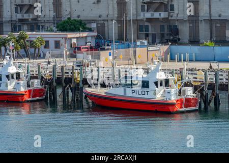 San Pedro, CA, USA – June 2, 2023: Red and white pilot boat docked at the Post of Los Angeles in San Pedro, California. Stock Photo