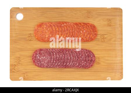 Sliced Italian salami and pepperoni sausages on a cutting board. Top view. Stock Photo
