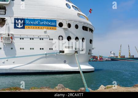 Ensenada, BC, Mexico – June 4, 2023: The stern side of Royal Caribbean’s Navigator of the Seas cruise ship docked in the Port of Ensenada, Baja Califo Stock Photo