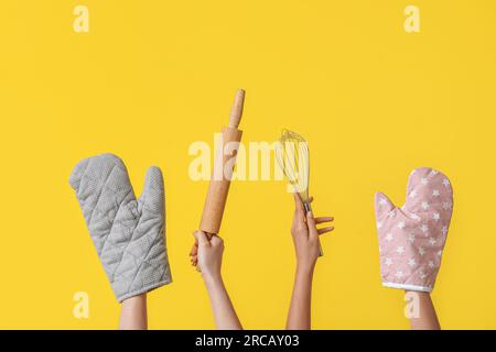 Female Hands Baking Utensils Beige Background Stock Photo by ©serezniy  666066564